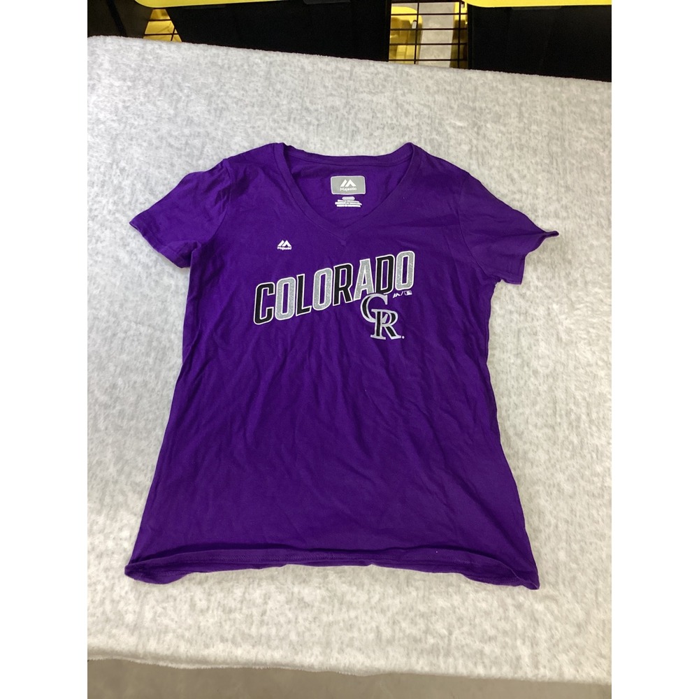 Majestic Colorado Rockies MLB Womens Purple V-Neck Glitter Graphic T-Shirt Small